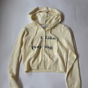 Praying "I Like Praying" Cream Button-Up Hooded Knit Cardigan - Small
